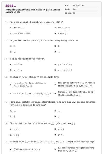 30 Đề thi thử thpt quốc gia môn Toán có lời giải chi tiết mới nhất (Đề số 12)