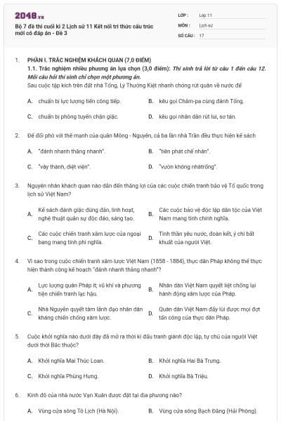 Bộ 7 đề thi cuối kì 2 Lịch sử 11 Kết nối tri thức cấu trúc mới có đáp án - Đề 3