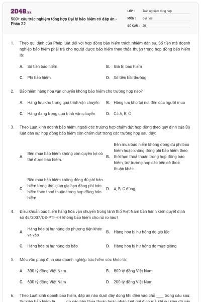 500+ câu trắc nghiệm tổng hợp Đại lý bảo hiểm có đáp án - Phần 22