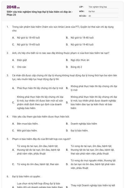 500+ câu trắc nghiệm tổng hợp Đại lý bảo hiểm có đáp án - Phần 25