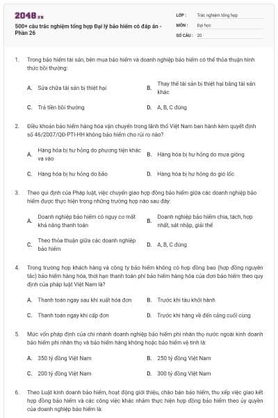 500+ câu trắc nghiệm tổng hợp Đại lý bảo hiểm có đáp án - Phần 26