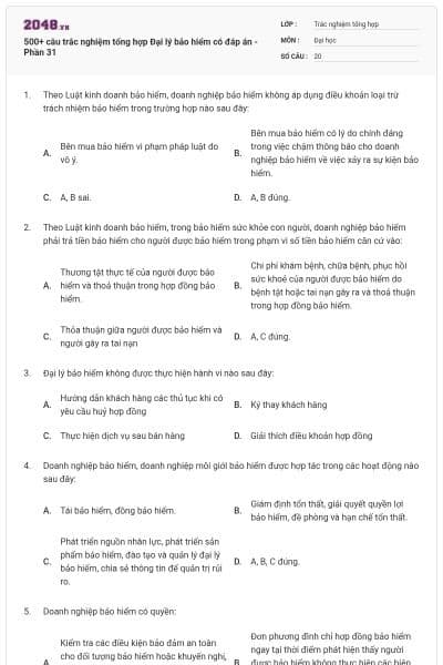 500+ câu trắc nghiệm tổng hợp Đại lý bảo hiểm có đáp án - Phần 31