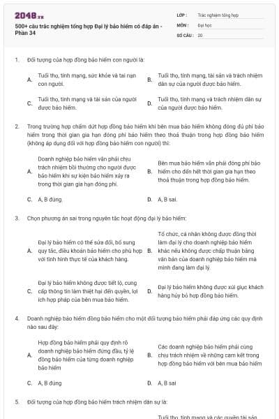 500+ câu trắc nghiệm tổng hợp Đại lý bảo hiểm có đáp án - Phần 34