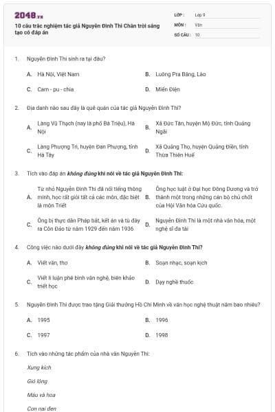10 câu trắc nghiệm tác giả Nguyễn Đình Thi Chân trời sáng tạo có đáp án