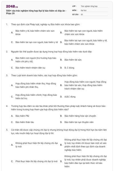 500+ câu trắc nghiệm tổng hợp Đại lý bảo hiểm có đáp án - Phần 39