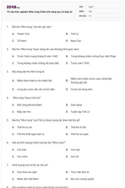 15 câu trắc nghiệm Nhớ rừng Chân trời sáng tạo có đáp án