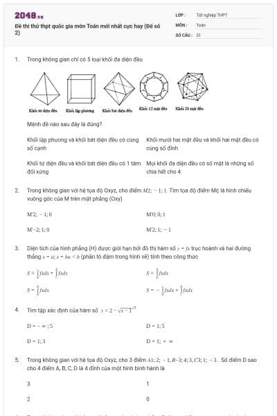 Đề thi thử thpt quốc gia môn Toán mới nhất cực hay (Đế số 2)