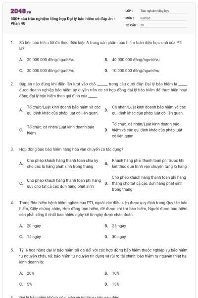 500+ câu trắc nghiệm tổng hợp Đại lý bảo hiểm có đáp án - Phần 40
