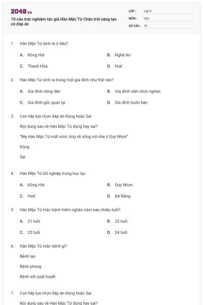 10 câu trắc nghiệm tác giả Hàn Mặc Tử Chân trời sáng tạo có đáp án