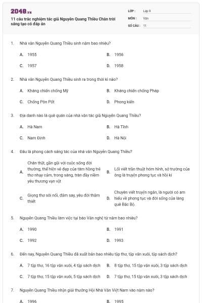 11 câu trắc nghiệm tác giả Nguyễn Quang Thiều Chân trời sáng tạo có đáp án