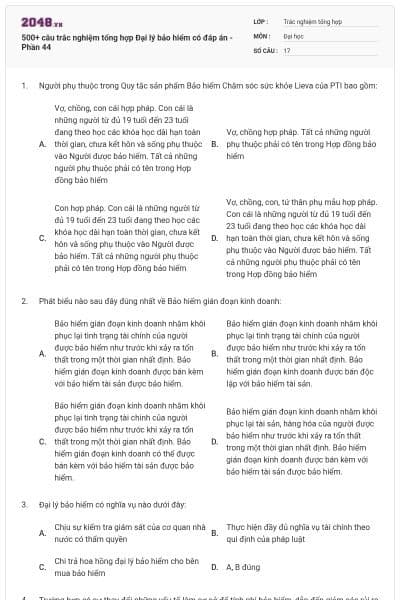 500+ câu trắc nghiệm tổng hợp Đại lý bảo hiểm có đáp án - Phần 44