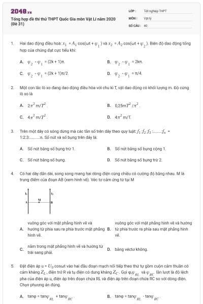 Tổng hợp đề thi thử THPT Quốc Gia môn Vật Lí năm 2020 (Đề 31)