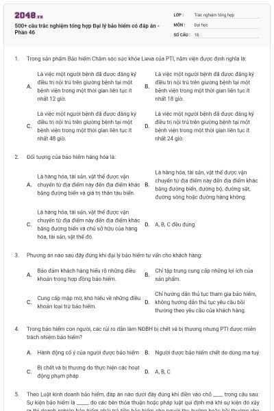 500+ câu trắc nghiệm tổng hợp Đại lý bảo hiểm có đáp án - Phần 46