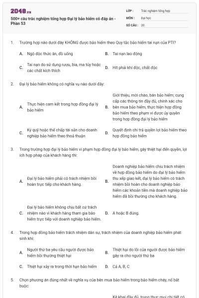 500+ câu trắc nghiệm tổng hợp Đại lý bảo hiểm có đáp án - Phần 53