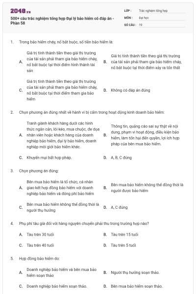 500+ câu trắc nghiệm tổng hợp Đại lý bảo hiểm có đáp án - Phần 58