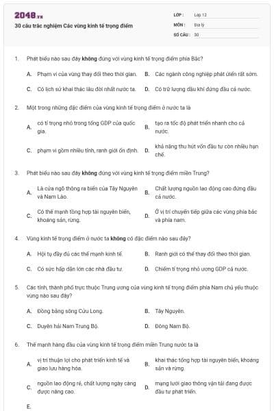 30 câu trắc nghiệm Các vùng kinh tế trọng điểm