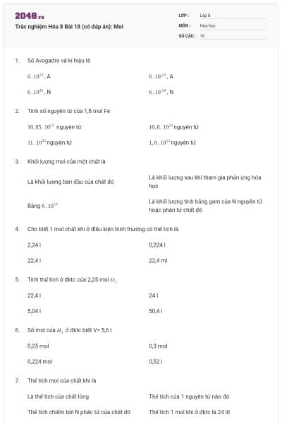 Trắc nghiệm Hóa 8 Bài 18 (có đáp án): Mol