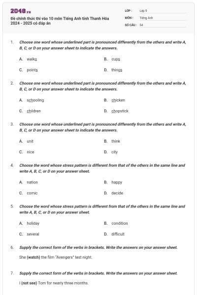 Đề chính thức thi vào 10 môn Tiếng Anh tỉnh Thanh Hóa 2024 - 2025 có đáp án