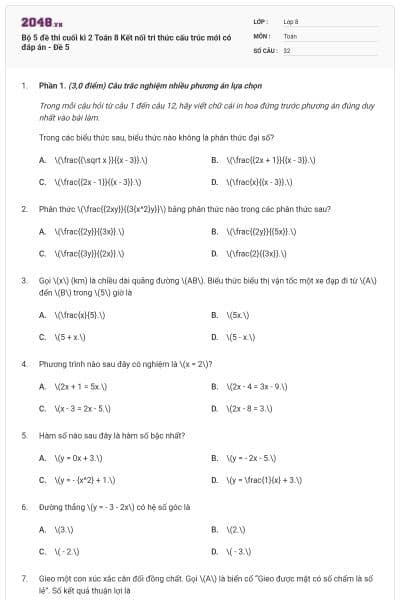 Bộ 5 đề thi cuối kì 2 Toán 8 Kết nối tri thức cấu trúc mới có đáp án - Đề 5