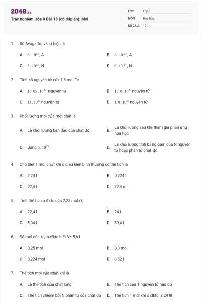 Trắc nghiệm Hóa 8 Bài 18 (có đáp án): Mol