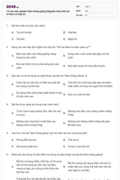 15 câu trắc nghiệm Rằm tháng giêng (Nguyên tiêu) Kết nối tri thức có đáp án