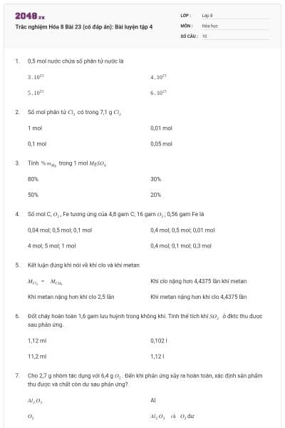 Trắc nghiệm Hóa 8 Bài 23 (có đáp án): Bài luyện tập 4