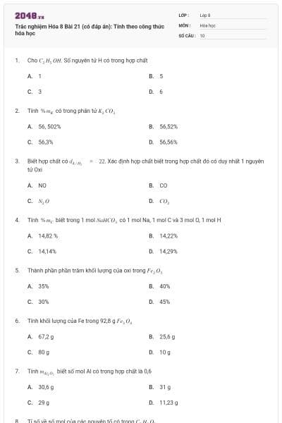 Trắc nghiệm Hóa 8 Bài 21 (có đáp án): Tính theo công thức hóa học