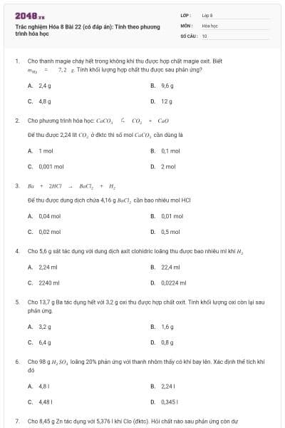 Trắc nghiệm Hóa 8 Bài 22 (có đáp án): Tính theo phương trình hóa học