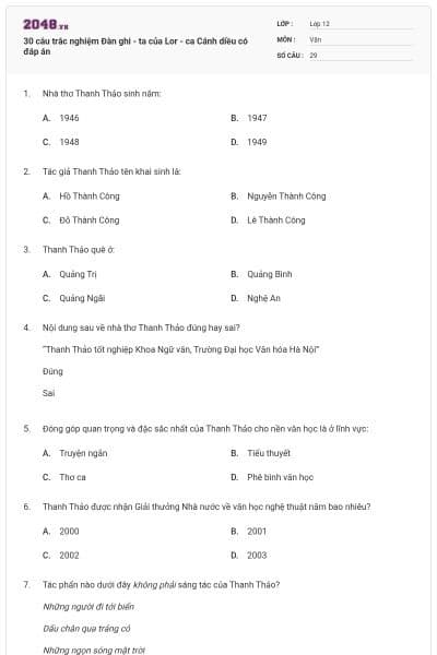 30 câu trắc nghiệm Đàn ghi - ta của Lor - ca Cánh diều có đáp án