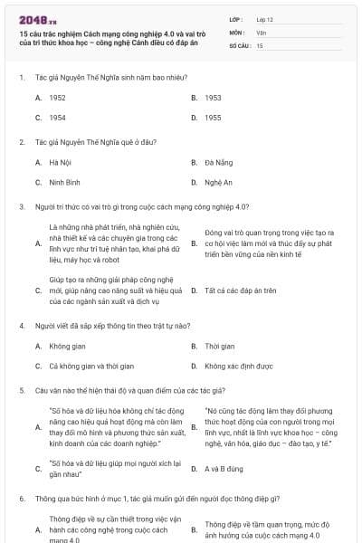 15 câu trắc nghiệm Cách mạng công nghiệp 4.0 và vai trò của tri thức khoa học – công nghệ Cánh diều có đáp án