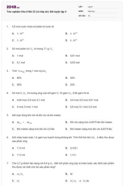 Trắc nghiệm Hóa 8 Bài 23 (có đáp án): Bài luyện tập 4
