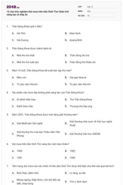 15 câu trắc nghiệm Đợi mưa trên đảo Sinh Tồn Chân trời sáng tạo có đáp án