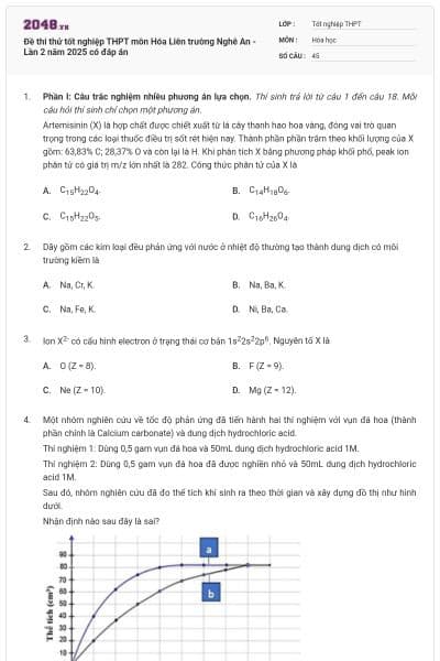 Đề thi thử tốt nghiệp THPT môn Hóa Liên trường Nghê An - Lần 2 năm 2025 có đáp án