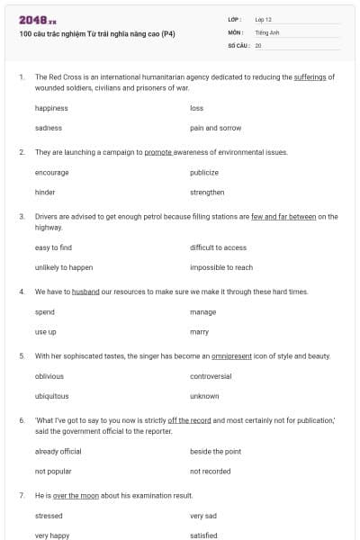 100 câu trắc nghiệm Từ trái nghĩa nâng cao (P4)