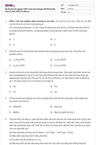 Đề thi thử tốt nghiệp THPT môn Hóa Chuyên KHTN Hà Nội (Lần 2) năm 2025 có đáp án