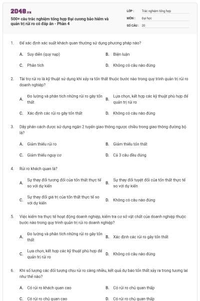 500+ câu trắc nghiệm tổng hợp Đại cương bảo hiểm và quản trị rủi ro có đáp án - Phần 4