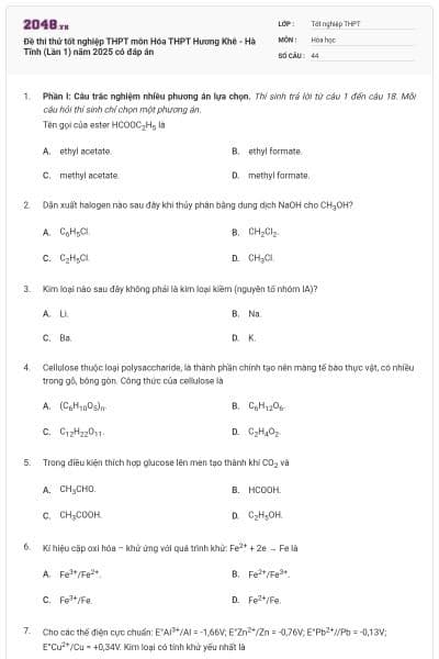 Đề thi thử tốt nghiệp THPT môn Hóa THPT Hương Khê - Hà Tĩnh (Lần 1) năm 2025 có đáp án