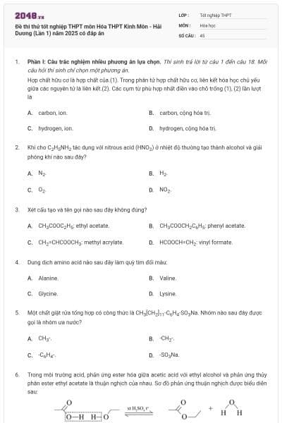 Đề thi thử tốt nghiệp THPT môn Hóa THPT Kinh Môn - Hải Dương (Lần 1) năm 2025 có đáp án