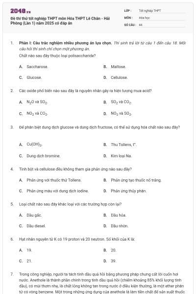 Đề thi thử tốt nghiệp THPT môn Hóa THPT Lê Chân - Hải Phòng (Lần 1) năm 2025 có đáp án