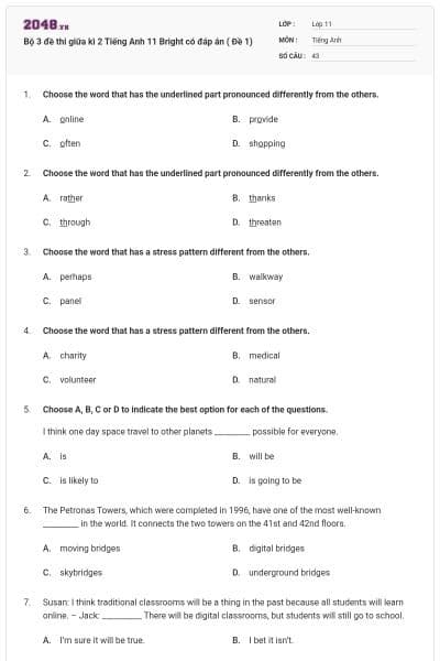 Bộ 3 đề thi giữa kì 2 Tiếng Anh 11 Bright có đáp án ( Đề 1)