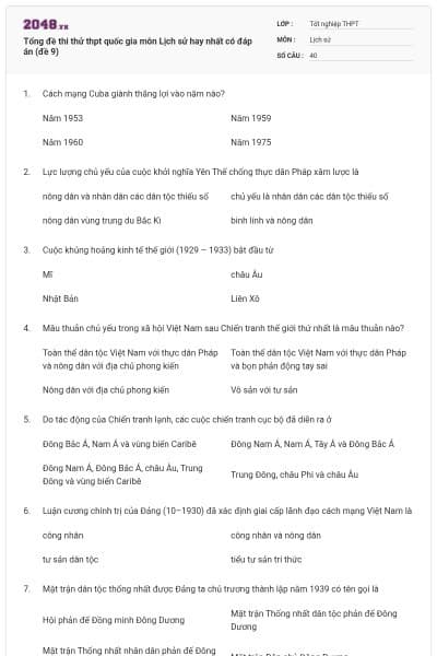 Tổng đề thi thử thpt quốc gia môn Lịch sử hay nhất có đáp án (đề 9)