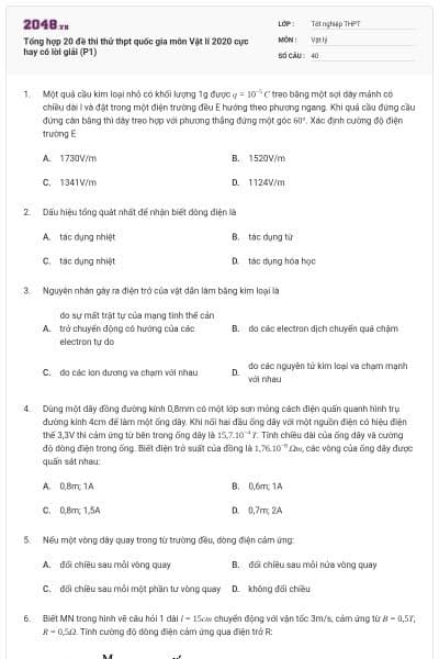 Tổng hợp 20 đề thi thử thpt quốc gia môn Vật lí 2020 cực hay có lời giải (P1)