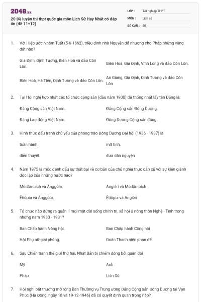 20 Đề luyện thi thpt quốc gia môn Lịch Sử Hay Nhất có đáp án (đề 11+12)