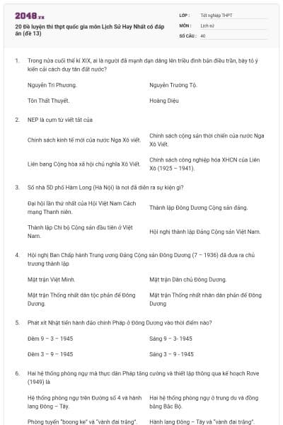 20 Đề luyện thi thpt quốc gia môn Lịch Sử Hay Nhất có đáp án (đề 13)
