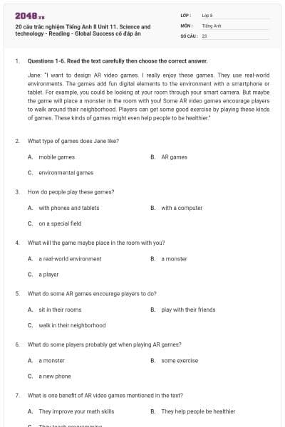 20 câu trắc nghiệm Tiếng Anh 8 Unit 11. Science and technology - Reading - Global Success có đáp án