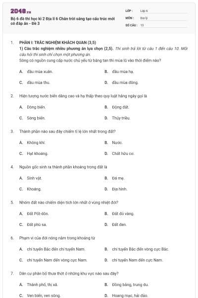 Bộ 6 đề thi học kì 2 Địa lí 6 Chân trời sáng tạo cấu trúc mới có đáp án - Đề 3