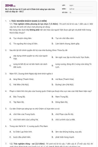 Bộ 3 đề thi học kì 2 Lịch sử 6 Chân trời sáng tạo cấu trúc mới có đáp án - Đề 2