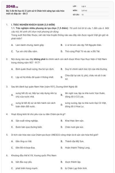 Bộ 3 đề thi học kì 2 Lịch sử 6 Chân trời sáng tạo cấu trúc mới có đáp án - Đề 3