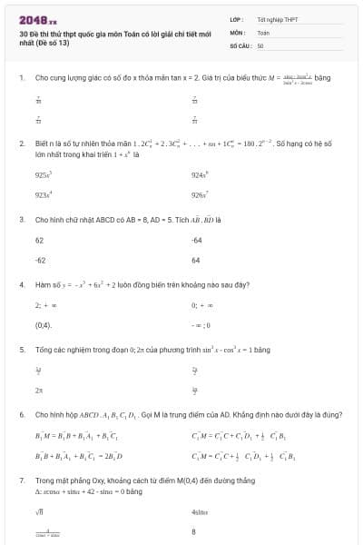 30 Đề thi thử thpt quốc gia môn Toán có lời giải chi tiết mới nhất (Đề số 13)