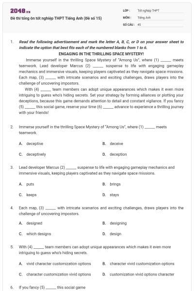 Đề thi tổng ôn tốt nghiệp THPT Tiếng Anh (Đề số 15)